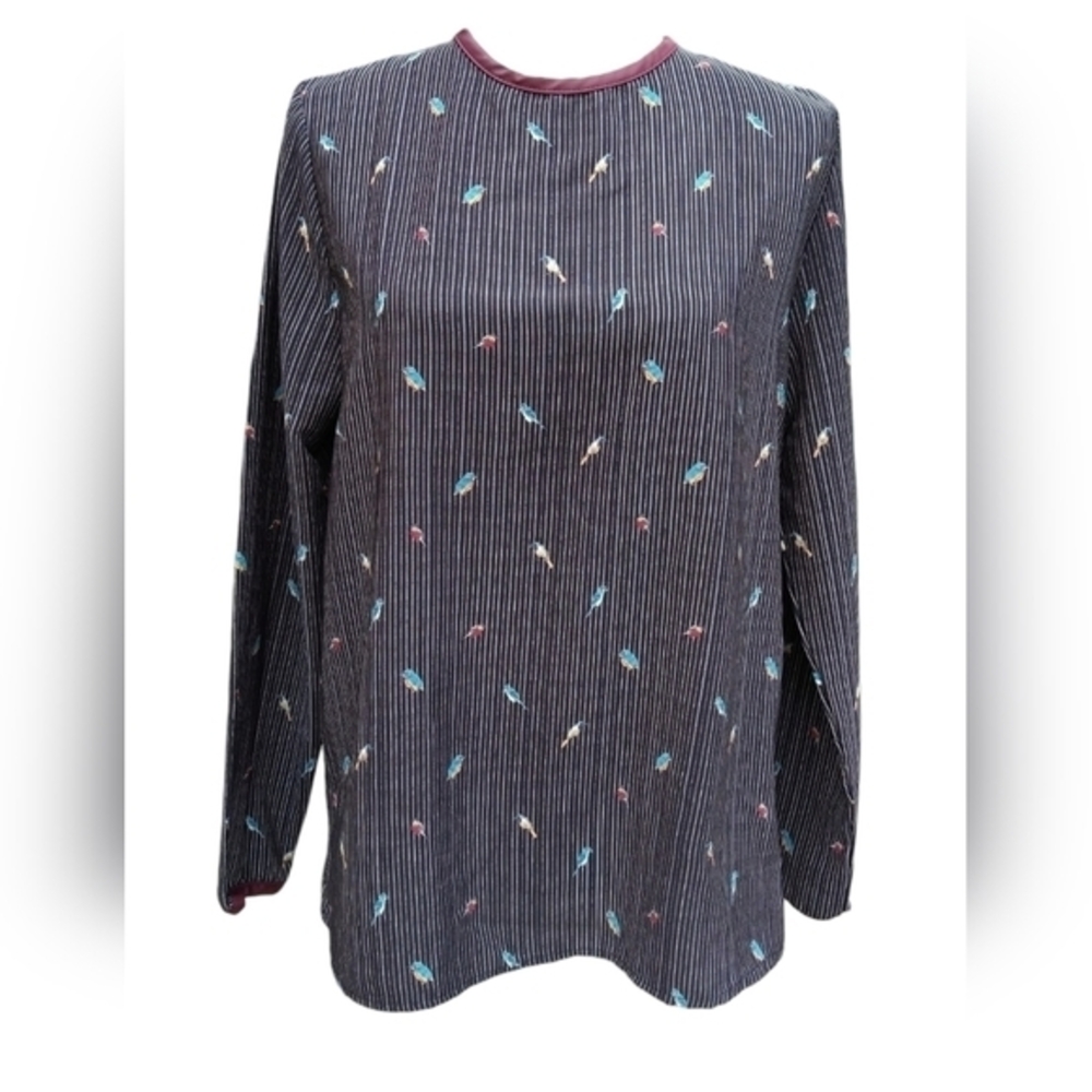 Le Lis Pinstripe with Birds Long sleeve shirt Top (Medium)